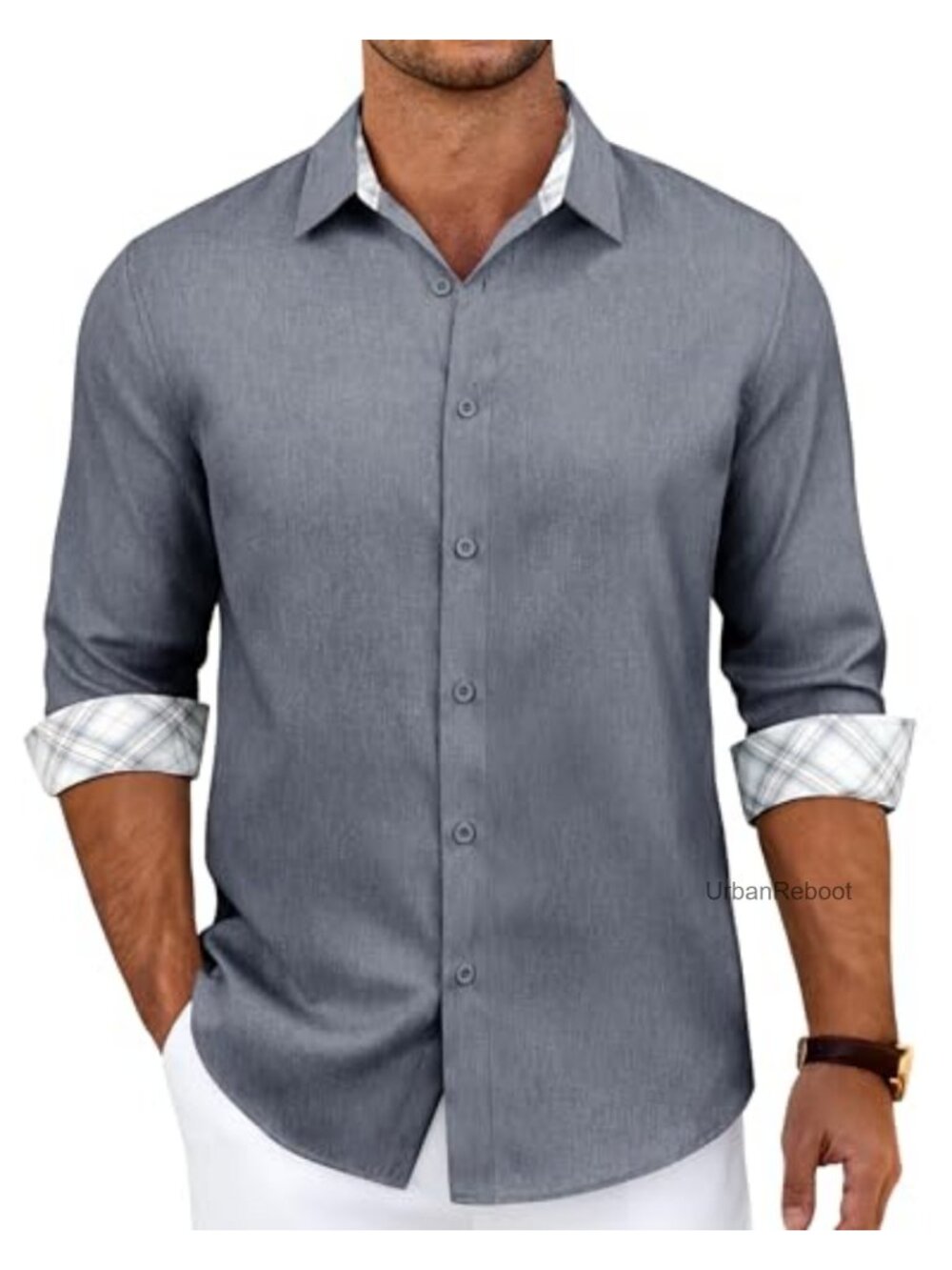 Linen Textured Long Sleeve Button Down Shirt Men's Casual Untucked Shirt